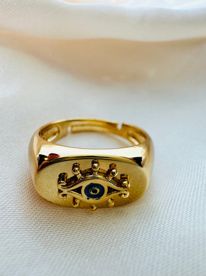 Gold Evil Eye Dome Ring - Adjustable Brass Ring