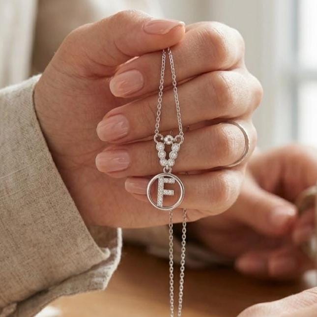 Custom Sterling Silver F Initial Necklace with Zircon Letter Charm