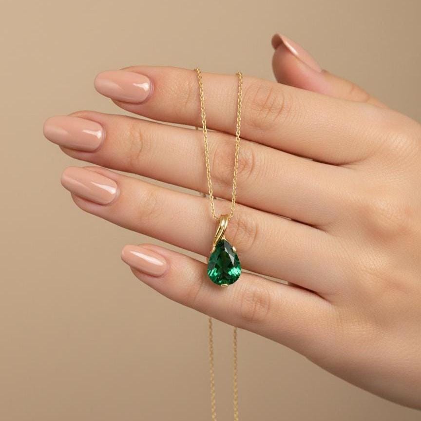 Gold Vermeil Emerald Teardrop Necklace - May Birthstone Pendant