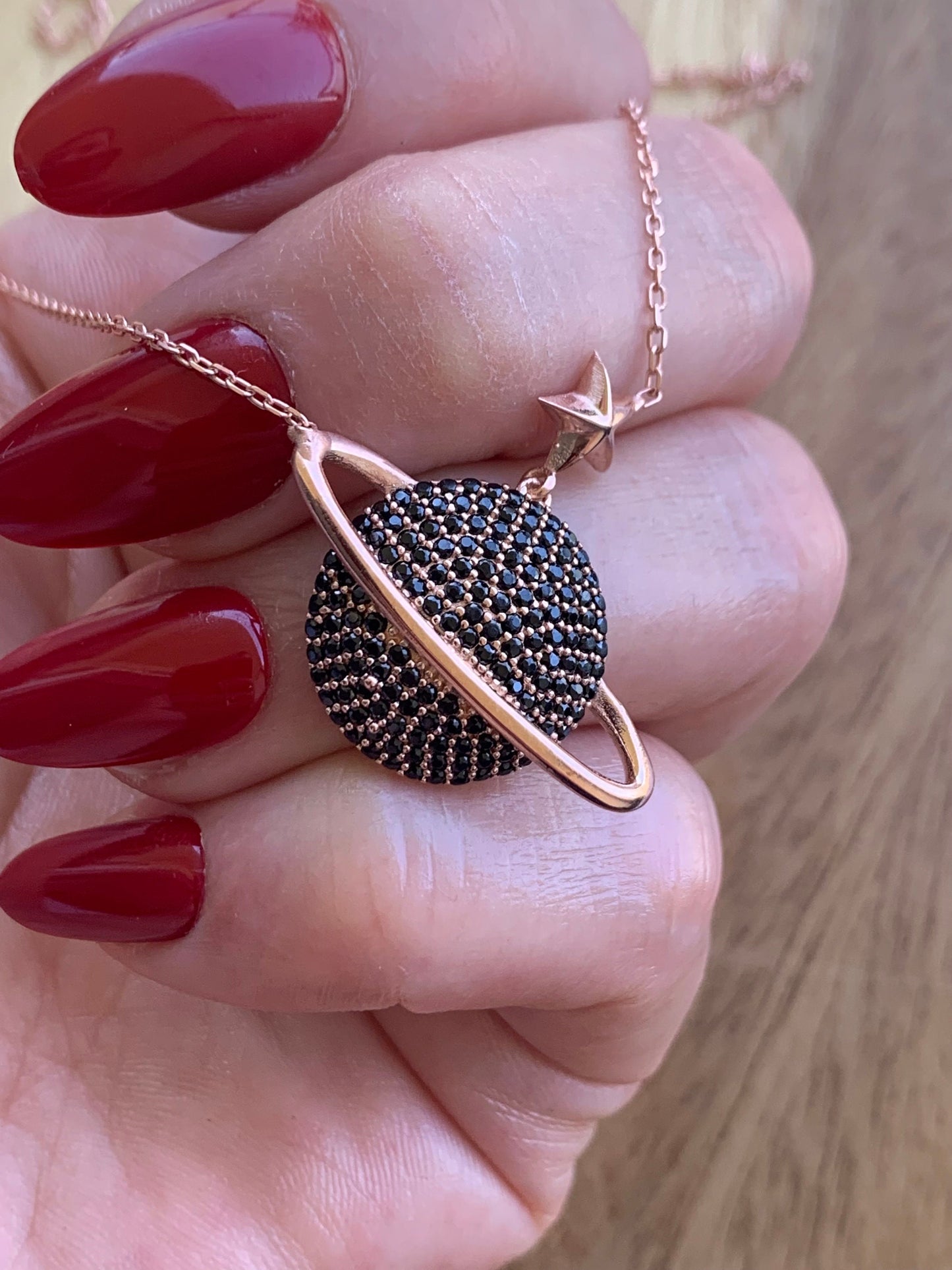 Black Zircon Saturn Necklace: Rose Gold Sterling Silver Galaxy Pendant