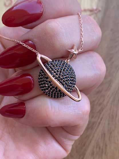 Black Zircon Saturn Necklace: Rose Gold Sterling Silver Galaxy Pendant