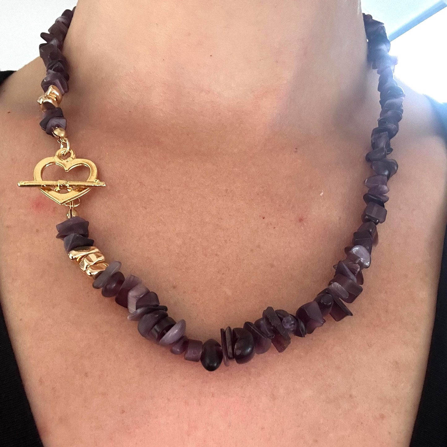 Handmade Raw Amethyst Chip Necklace - Gold Heart Clasp Design
