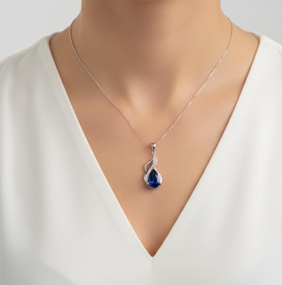 Royal Blue Sapphire Teardrop Pendant – Sterling Silver September Birthstone