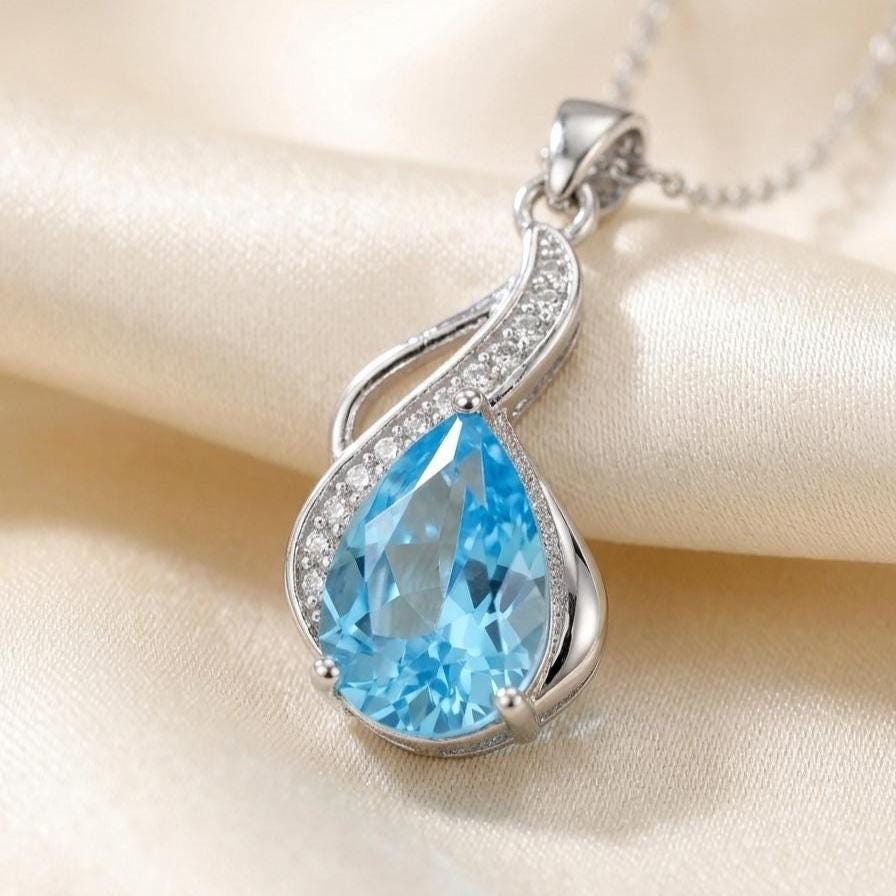 Aquamarine Teardrop Necklace – Sterling Silver March Birthstone Pendant - Gift For Her