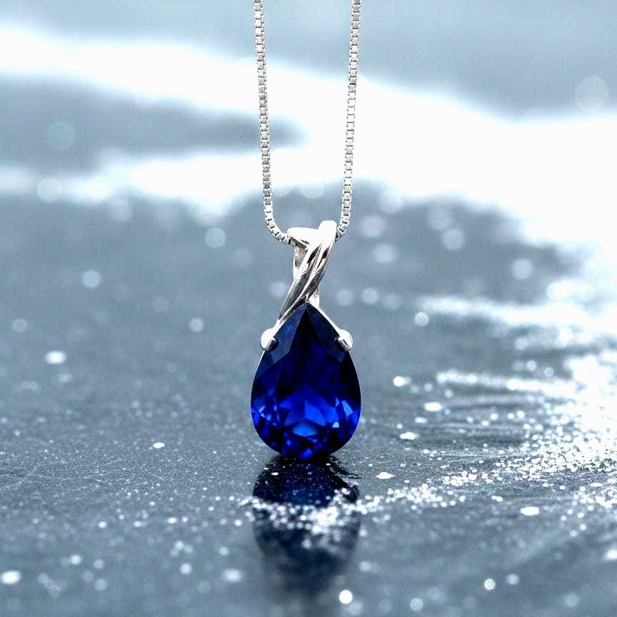Sapphire Teardrop Necklace - September Birthstone Pendant -  Gift For Her