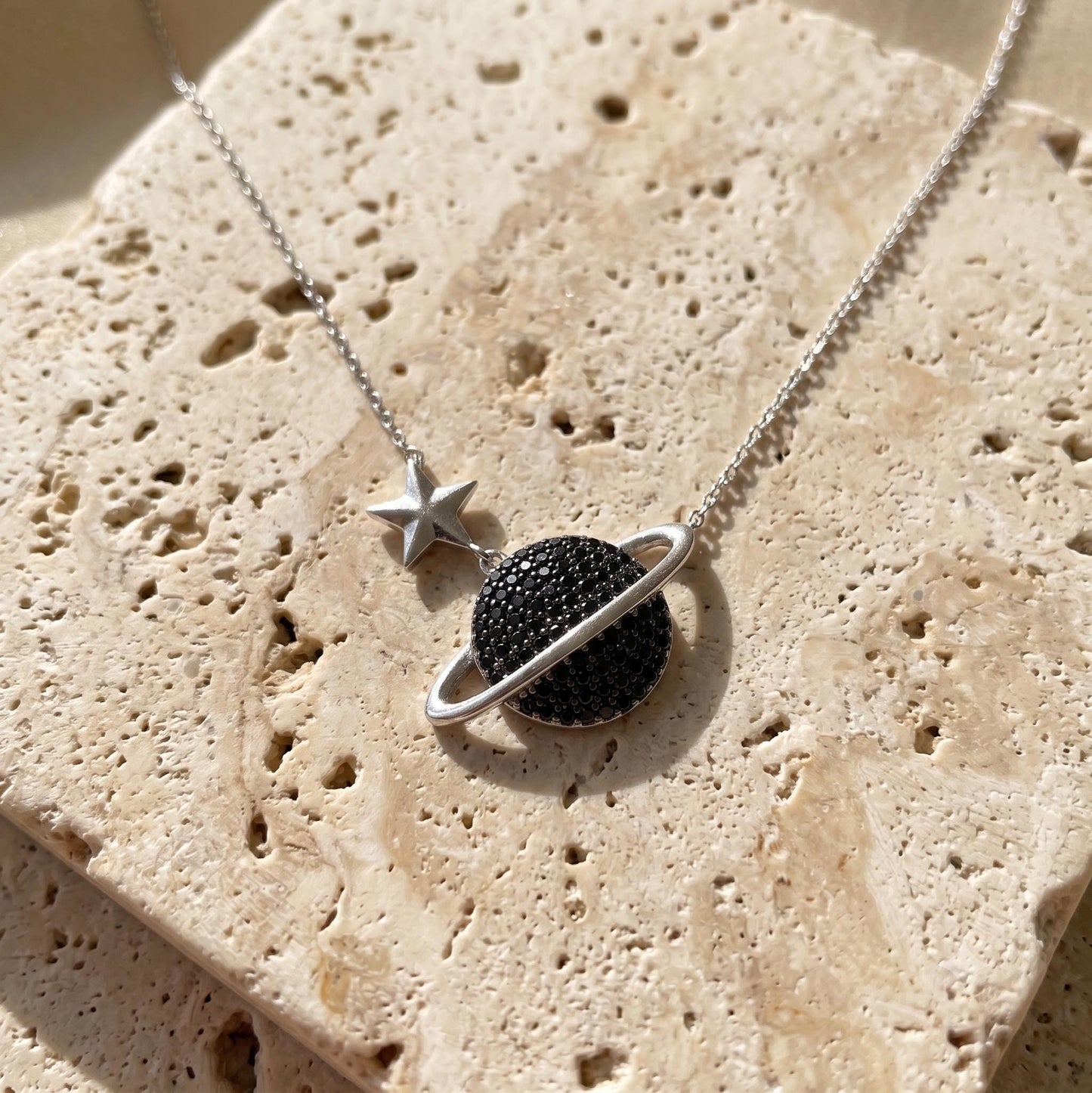 Glamorous Cosmic Necklace - Black Zircon Saturn Pendant in Sterling Silver -Gift for Her