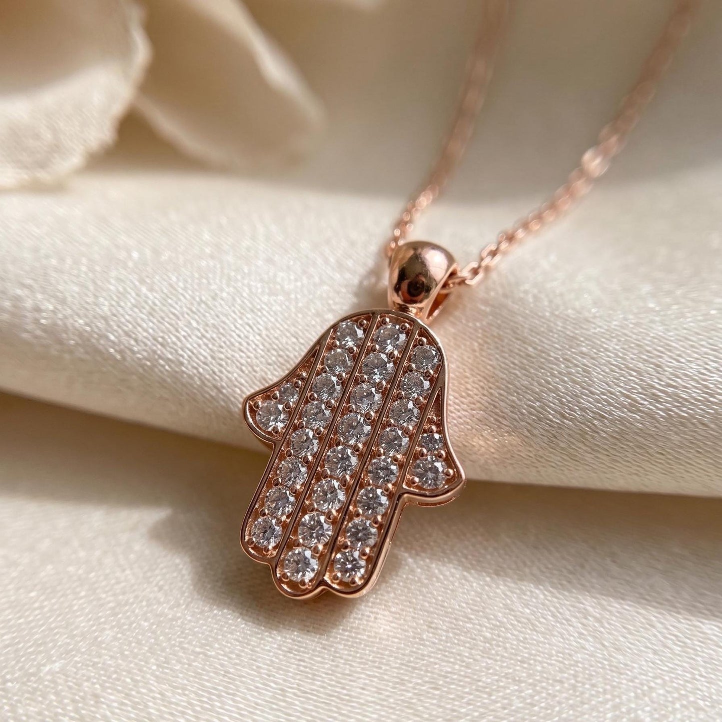Rose Gold Hamsa Necklace - Sterling Silver Hand of Fatima with Zircon Pendant