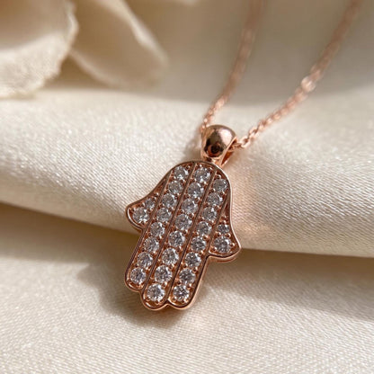 Rose Gold Hamsa Necklace - Sterling Silver Hand of Fatima with Zircon Pendant
