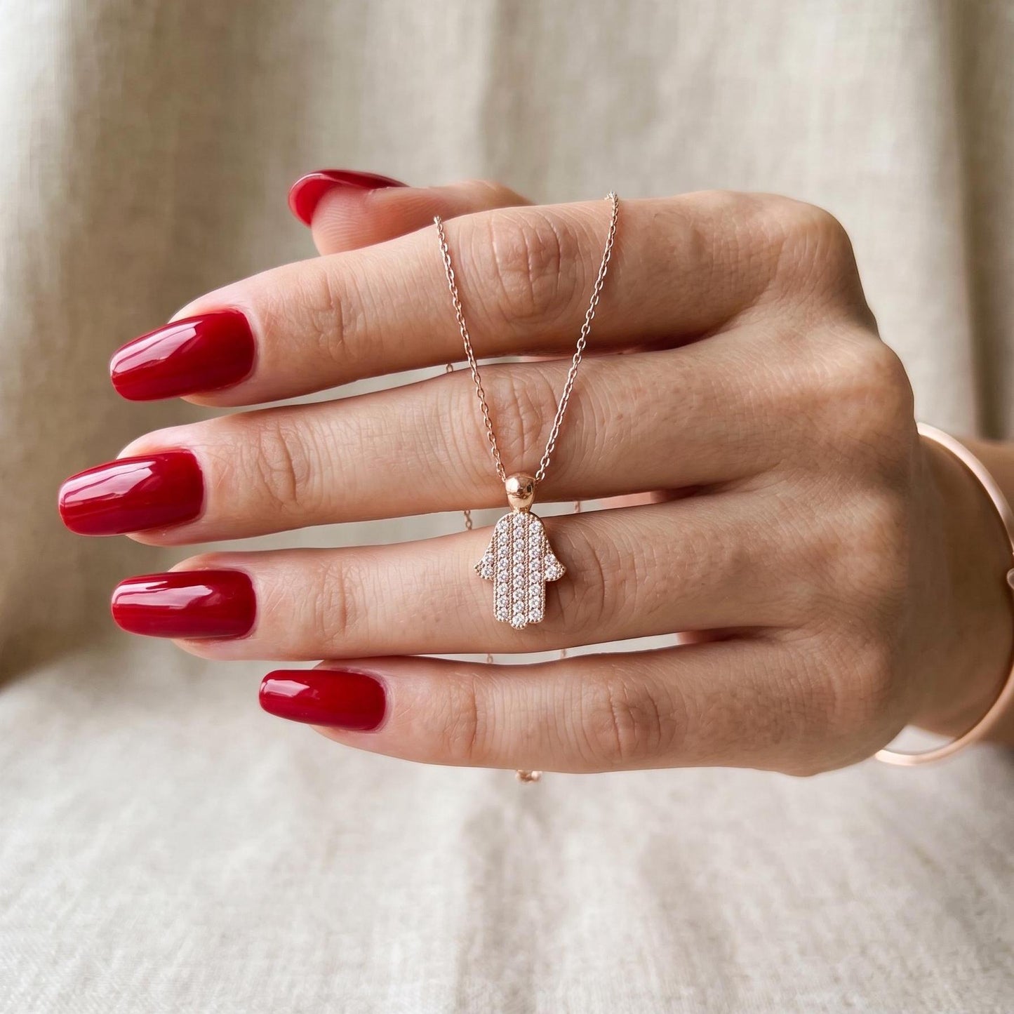 Rose Gold Hamsa Necklace - Sterling Silver Hand of Fatima with Zircon Pendant