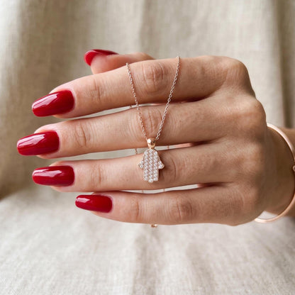 Rose Gold Hamsa Necklace - Sterling Silver Hand of Fatima with Zircon Pendant