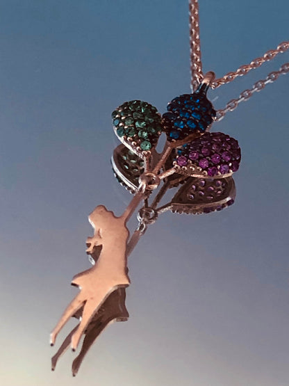 Sterling Silver Balloon Pendant Necklace - Rose Gold Flying Girl with Zircon