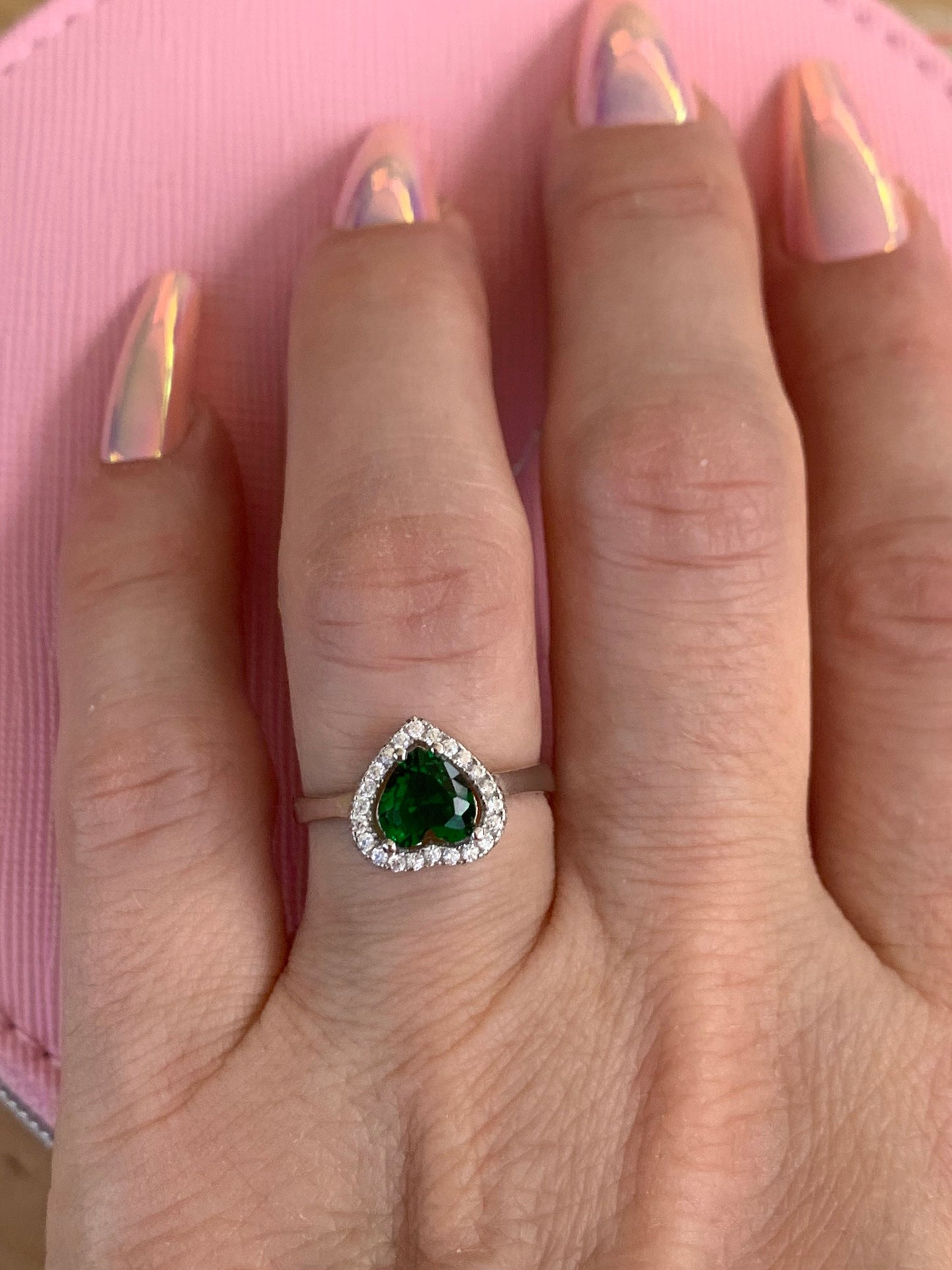 Vintage Heart Emerald Ring – Sterling Silver Diamond Engagement