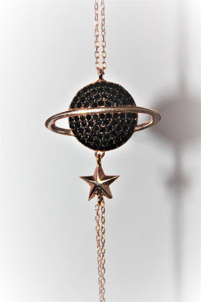 Sterling Silver Saturn Bracelet featuring Black Zircon Planet - Celestial Chic-Exclusive Gift for Her