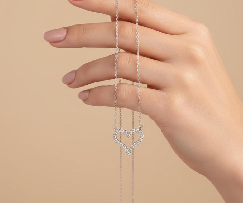 Dainty Sterling Silver Heart Necklace with Sparkling Zircon
