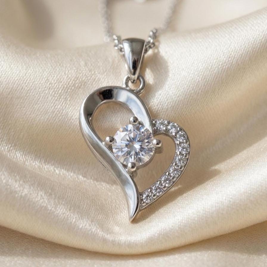 Dainty Silver Necklace with Zircon Heart Pendant - Sparkling Gift for Her