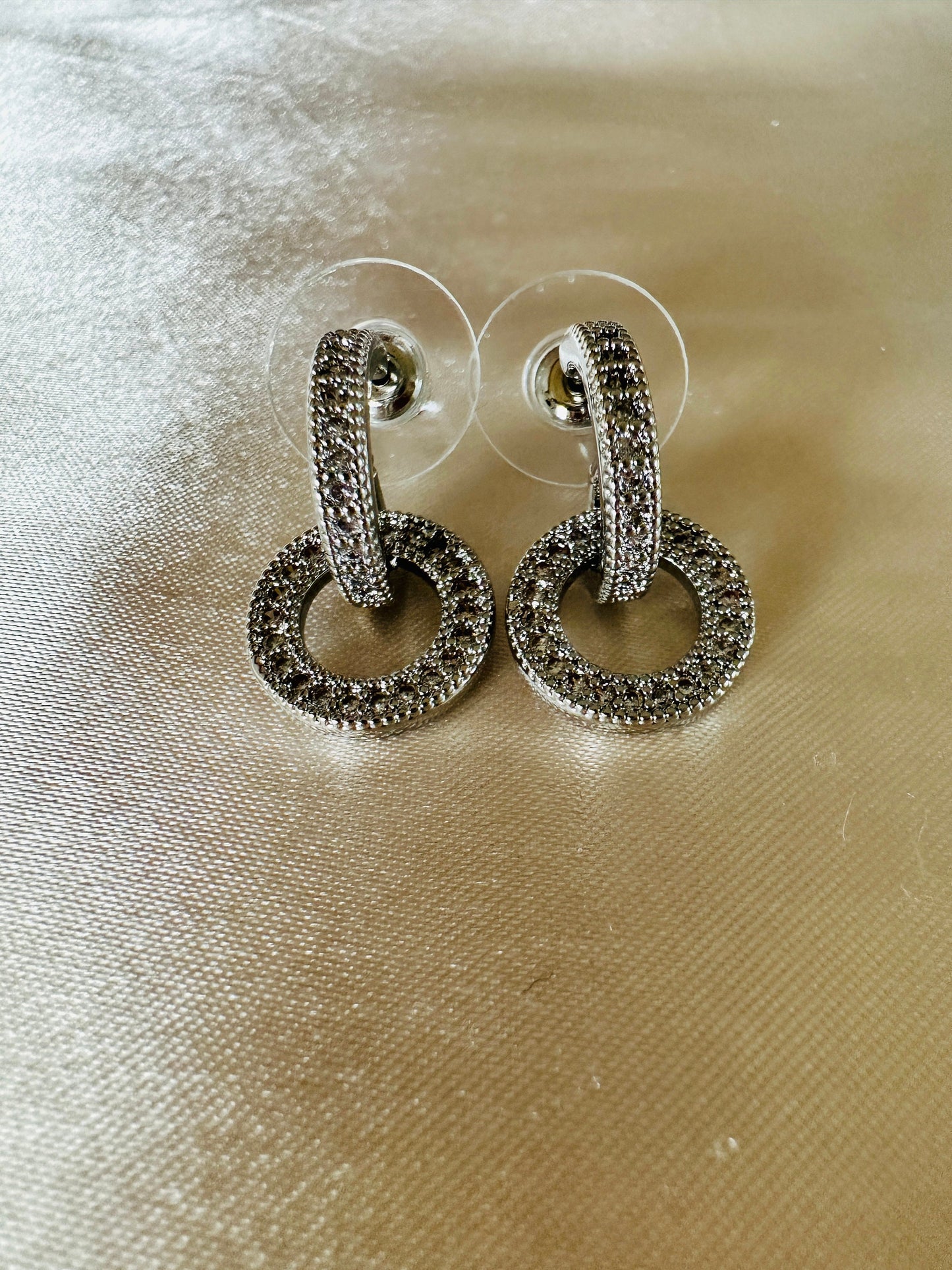 Cubic Zircon Dangle Drop Earrings: Silver Double Circle