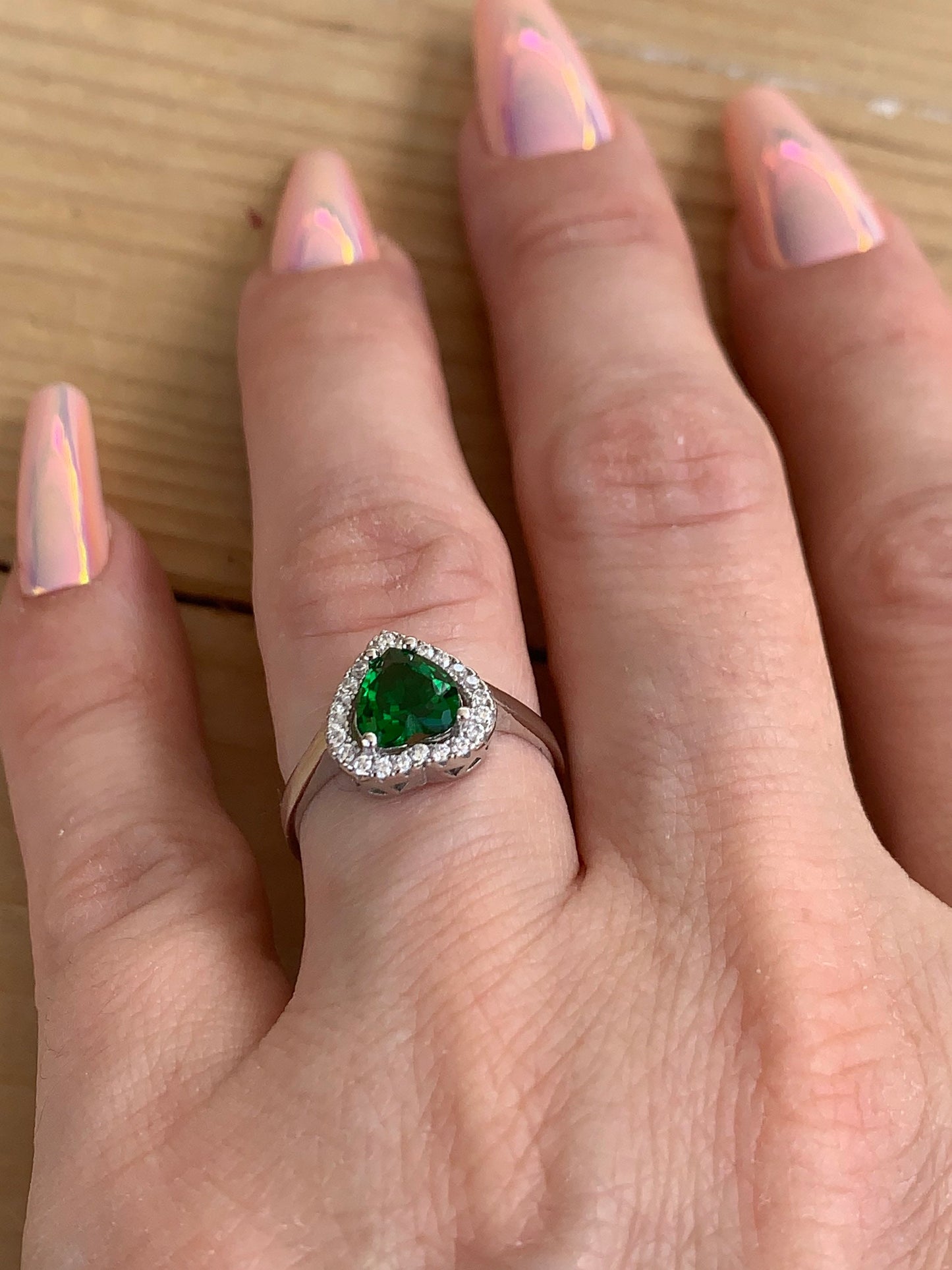 Vintage Heart Emerald Ring – Sterling Silver Diamond Engagement