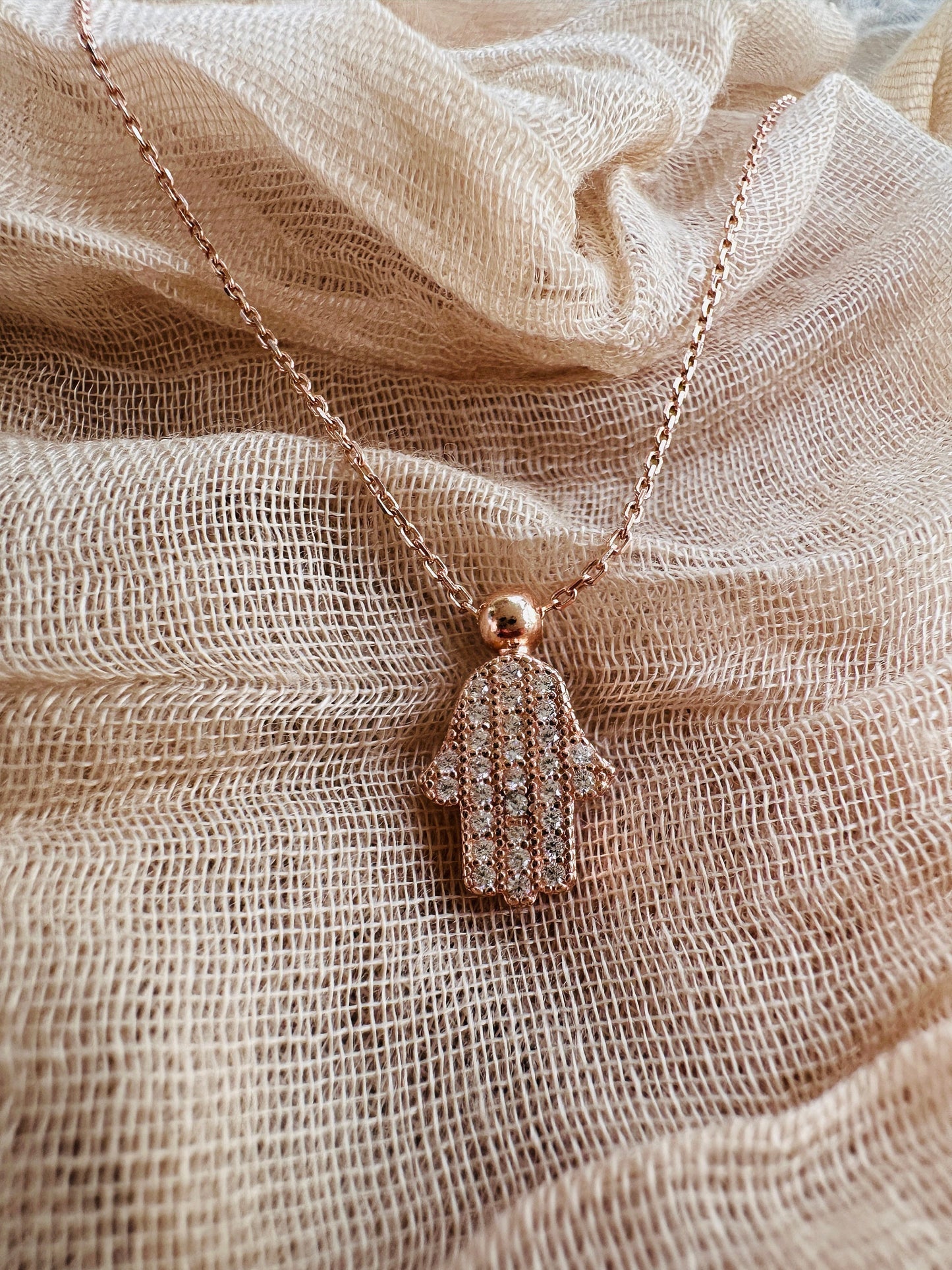Rose Gold Hamsa Necklace - Sterling Silver Hand of Fatima with Zircon Pendant