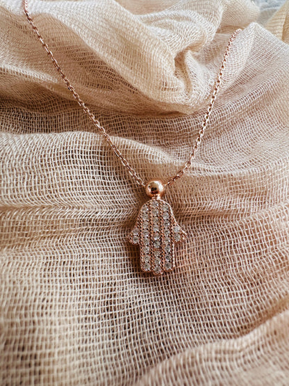 Rose Gold Hamsa Necklace - Sterling Silver Hand of Fatima with Zircon Pendant