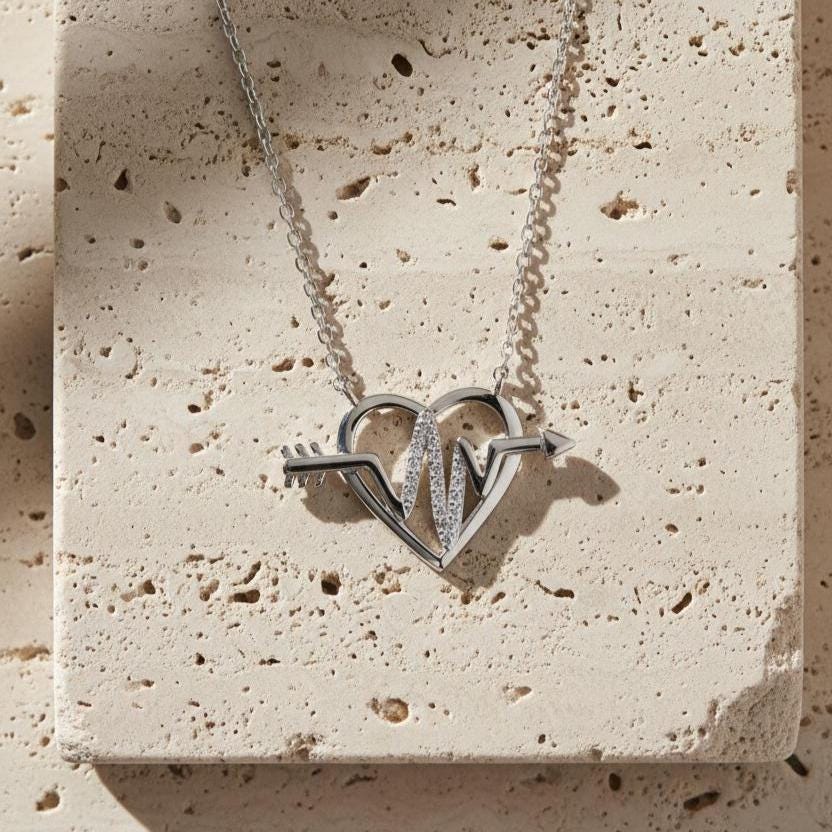 Sterling Silver Heartbeat Pendant Necklace with Glittering Zircon -