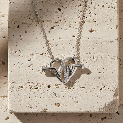 Sterling Silver Heartbeat Pendant Necklace with Glittering Zircon -