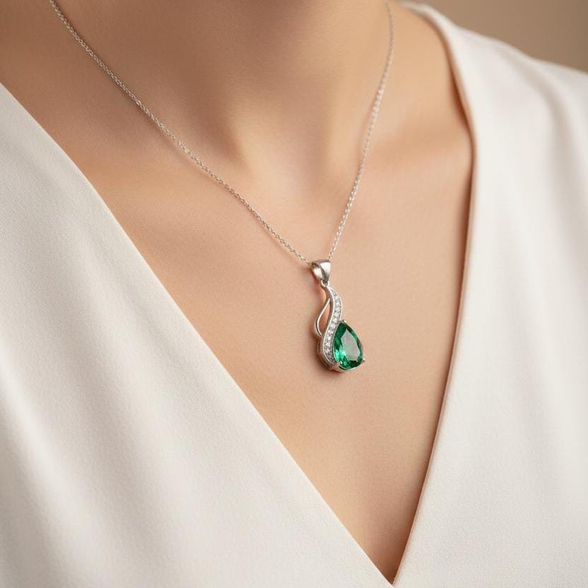 Emerald Teardrop Necklace – Sterling Silver May Birthstone Pendant -