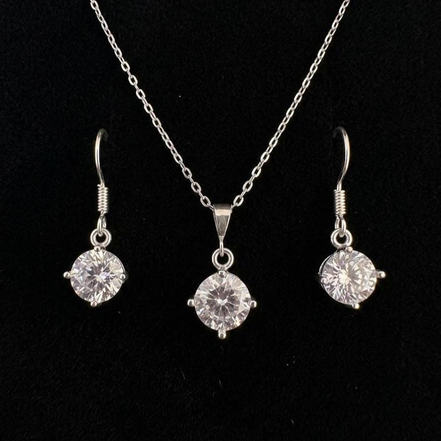 Sterling Silver Cubic Zirconia Solitaire Necklace & Earrings Set