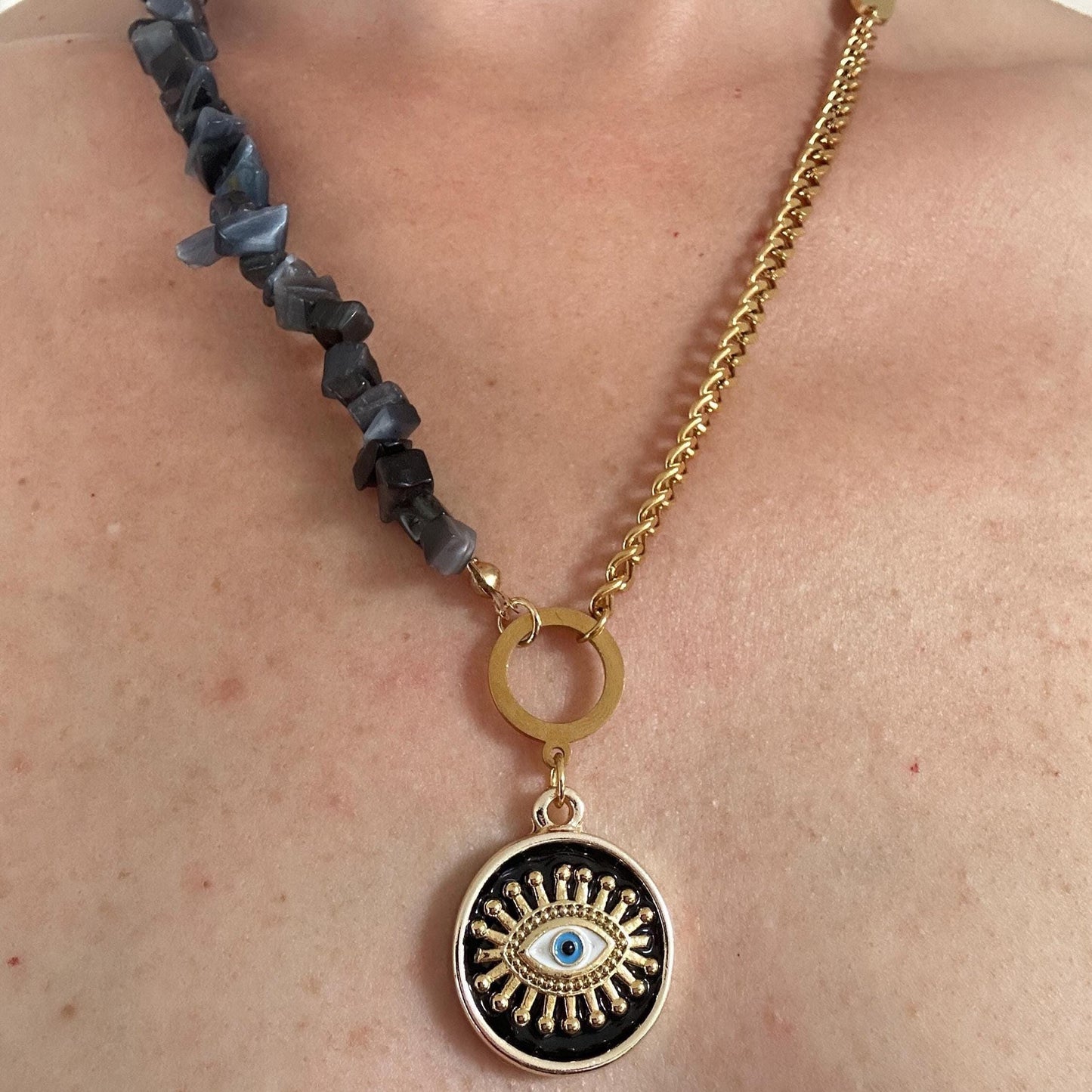 Evil Eye Pearl Necklace: Gold Brass Pendant