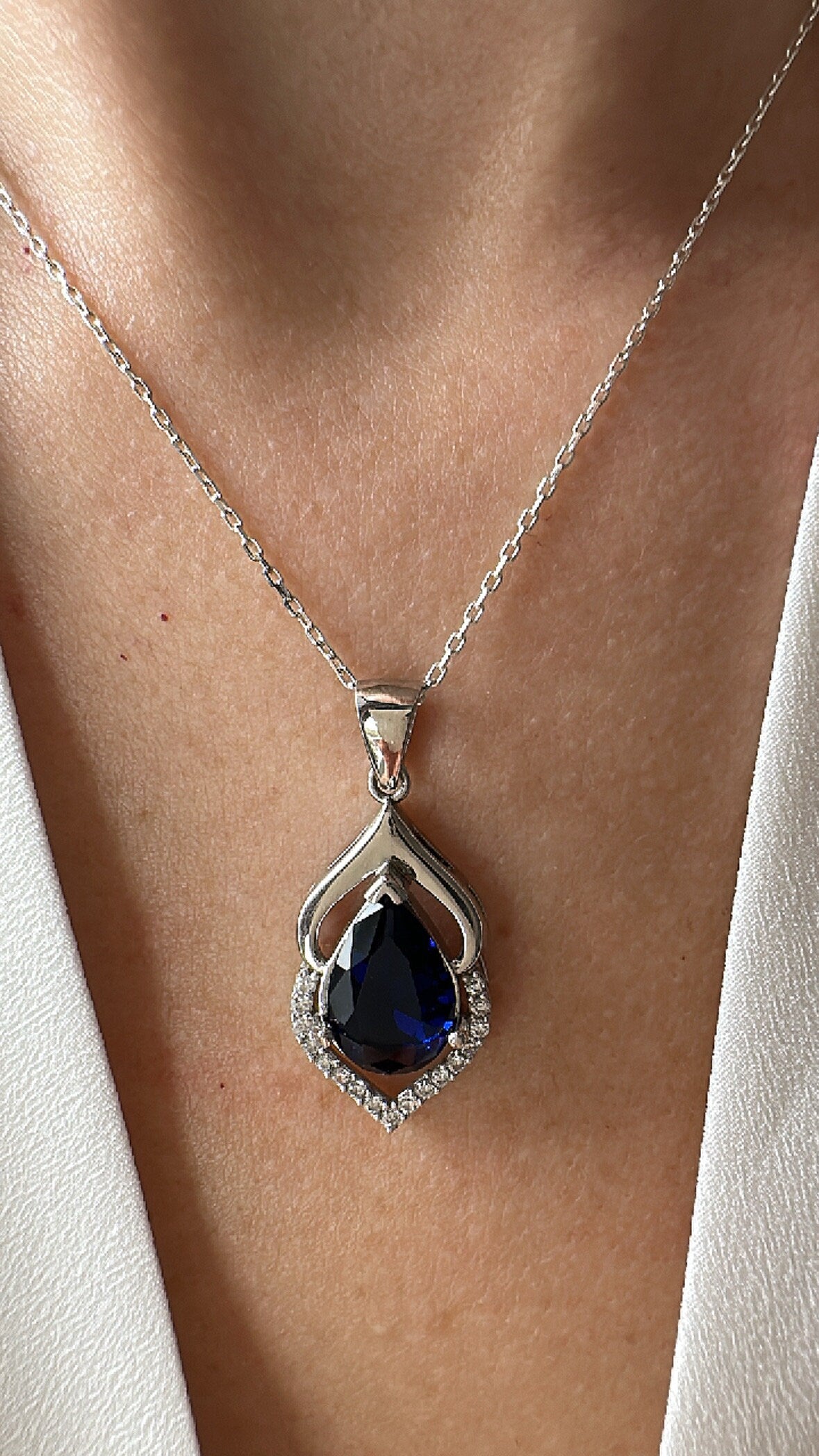 September Birthstone Necklace - Sapphire Teardrop Pendant in Sterling Silver