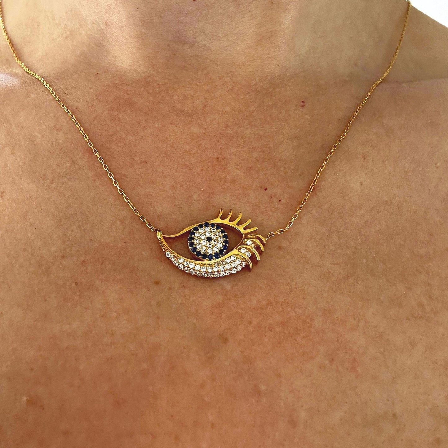 Gold Vermeil Evil Eye Necklace -  Sterling Silver Dainty Zircon Pendant - Gift For Her