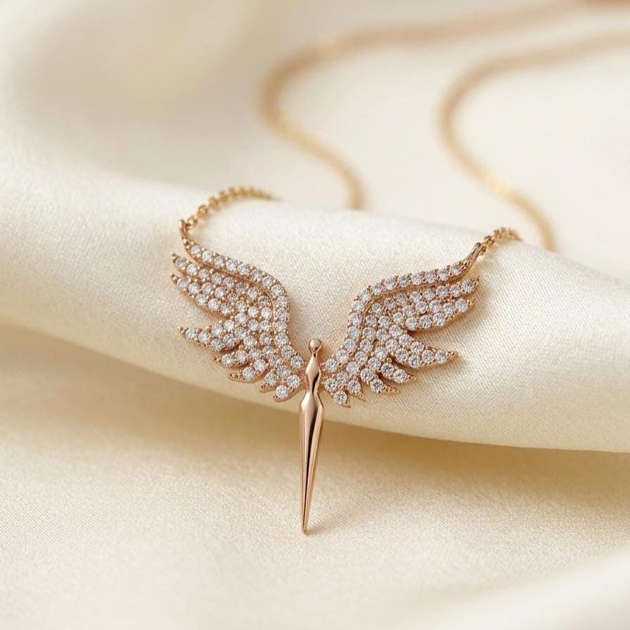 Archangel Wings Necklace in Rose Gold Vermeil - Sterling Silver St. Michael Charm