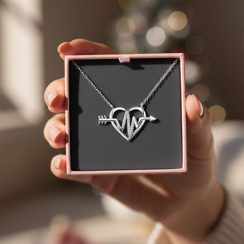 Sterling Silver Heartbeat Pendant Necklace with Glittering Zircon -