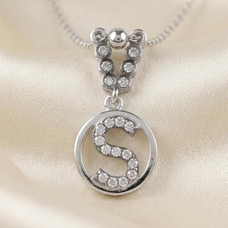 Custom Sterling Silver S Initial Necklace | Zircon Letter Pendant