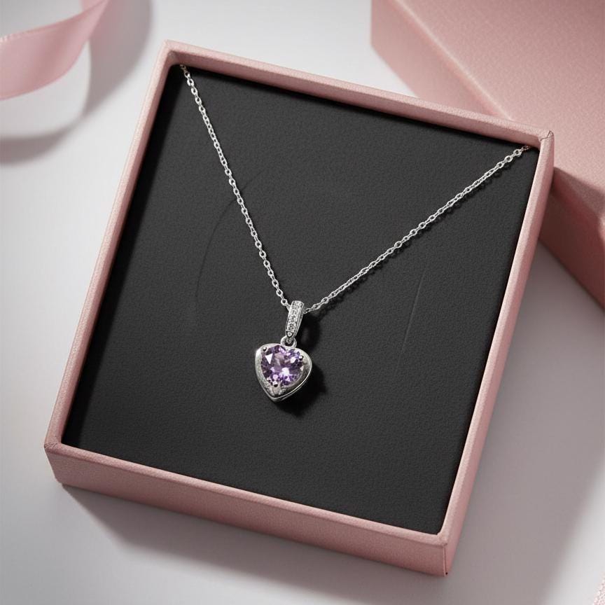 Amethyst Heart Necklace - Sterling Silver Minimalist February Birthstone Jewelry