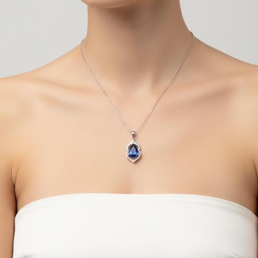 September Birthstone Necklace - Sapphire Teardrop Pendant in Sterling Silver