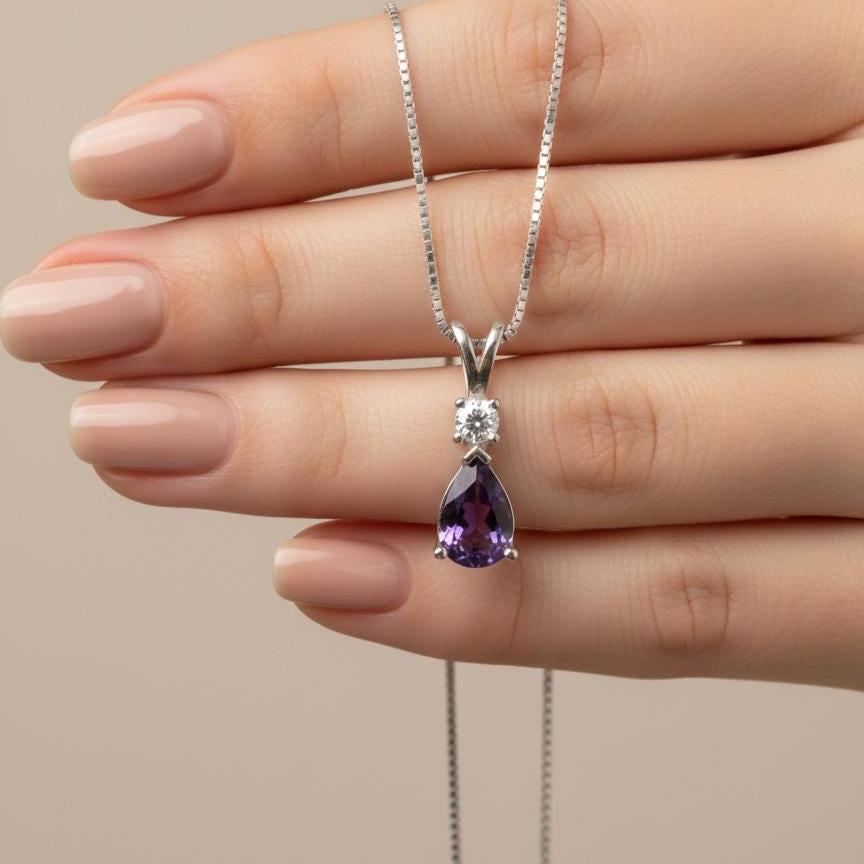 Amethyst Minimalist Necklace - February Birthstone Pendant - Dainty Jewelry -925 Sterling Silver