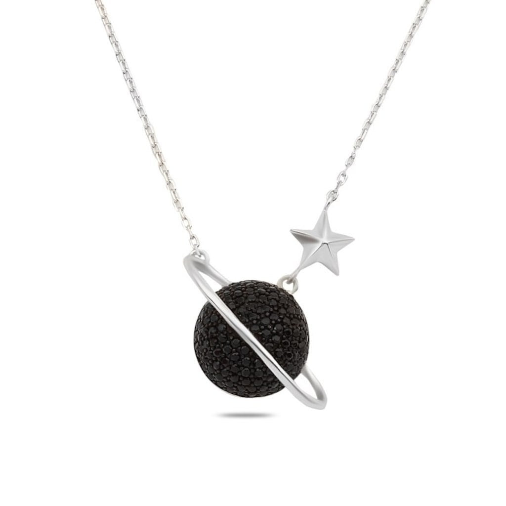 Glamorous Cosmic Necklace - Black Zircon Saturn Pendant in Sterling Silver -Gift for Her