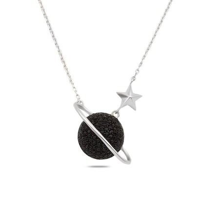 Glamorous Cosmic Necklace - Black Zircon Saturn Pendant in Sterling Silver -Gift for Her