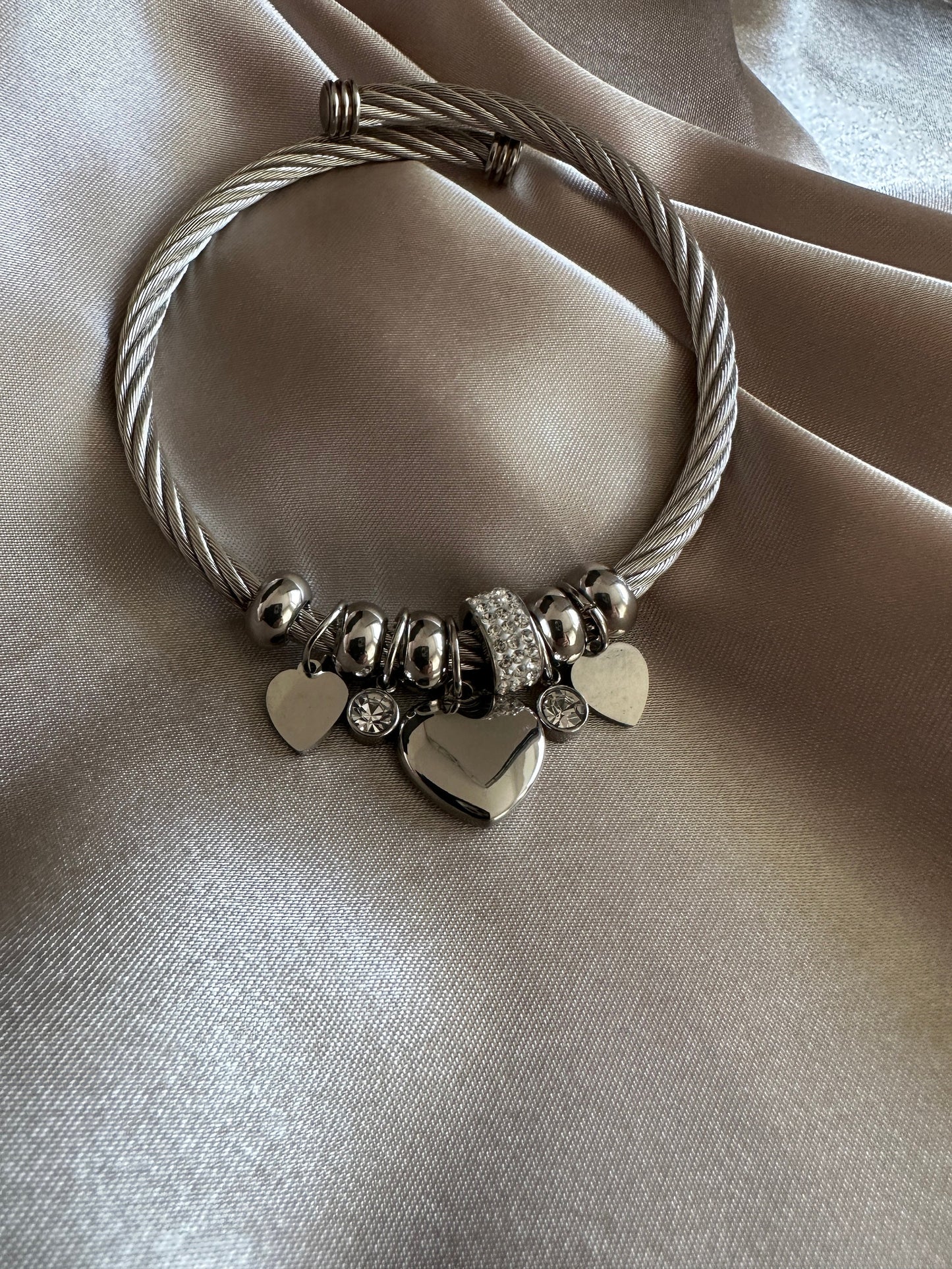 Silver Stainless Steel Charm Bangle: Hypoallergenic Heart Bracelet