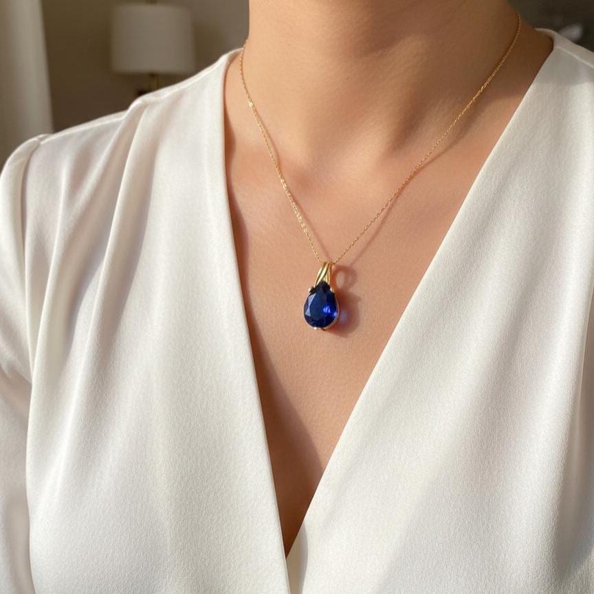 Gold Vermeil Sapphire Teardrop Necklace - September Birthstone Pendant - Dainty Jewelry Gift for Her-