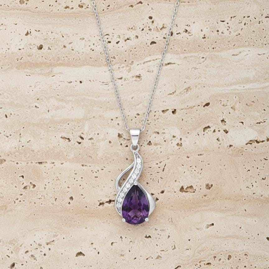 Amethyst Teardrop Necklace – February Birthstone in Sterling Silver