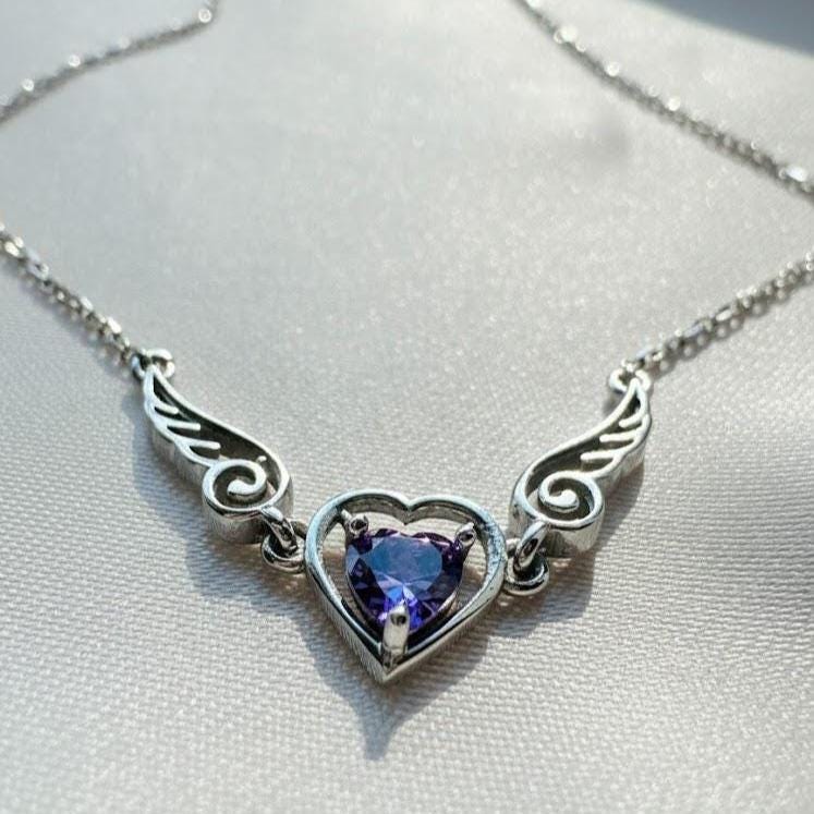 Amethyst Heart Necklace - Sterling Silver Angel Wing Pendant - February Birthstone Jewelry