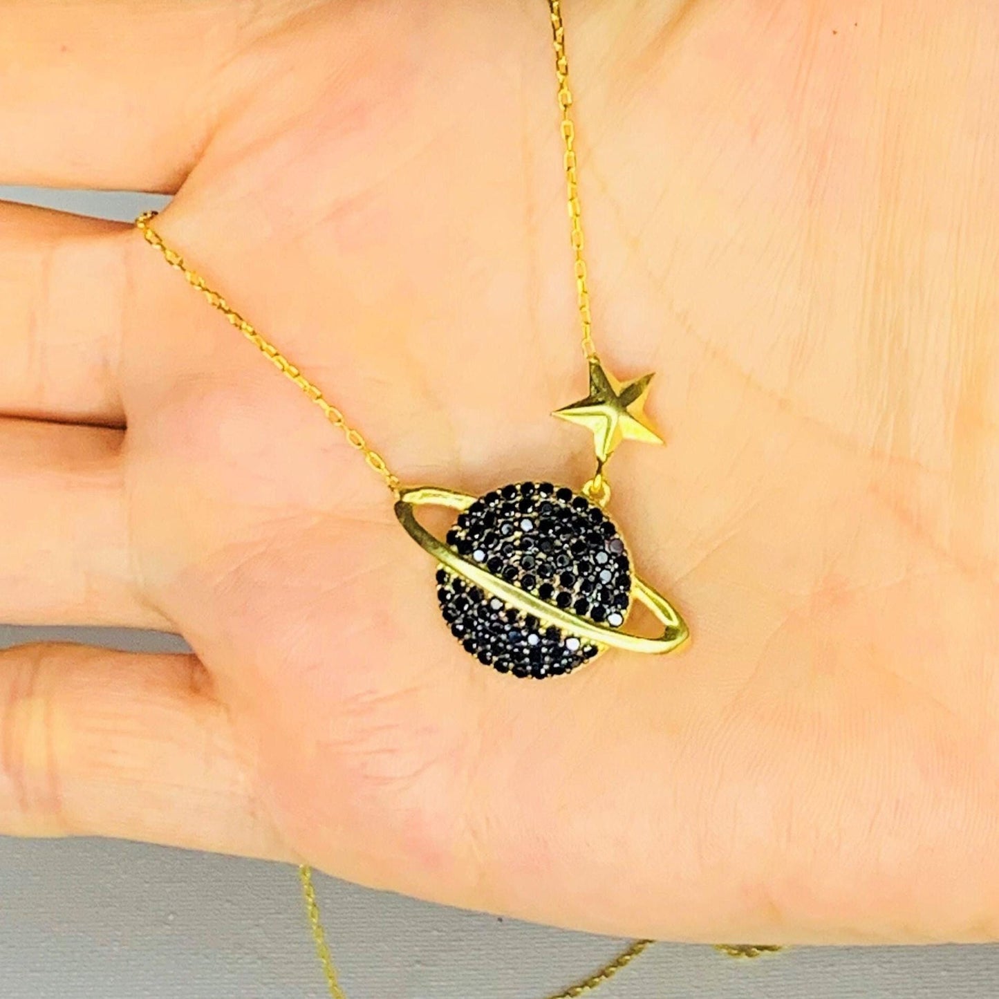 Chic Gold Vermeil Saturn Necklace - Sterling Silver Planet with Black Zircon