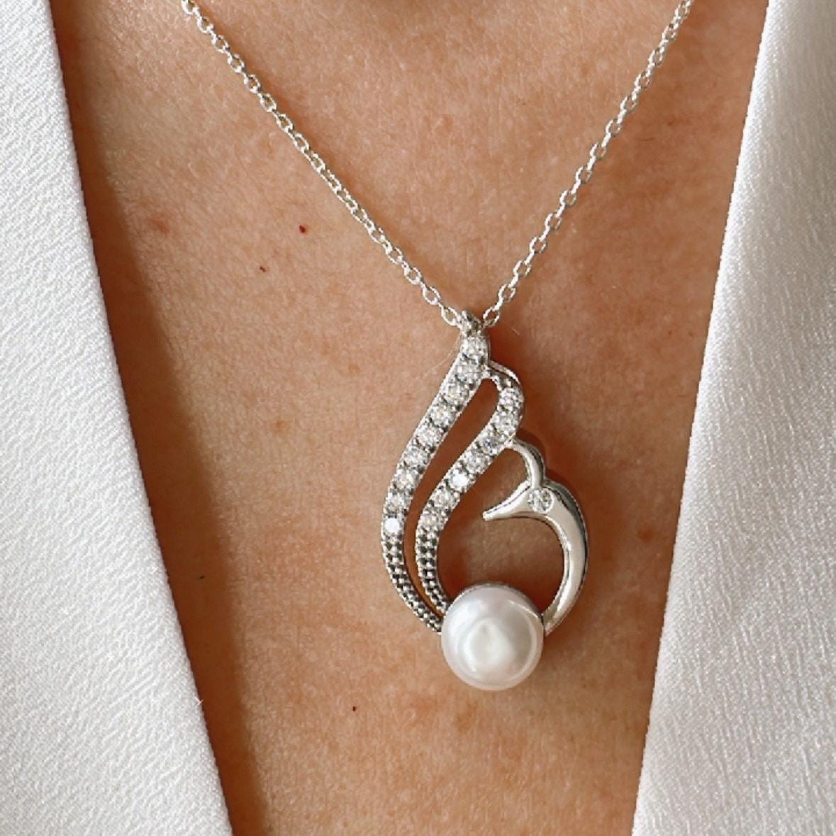 Swan Pearl Silver Necklace - June Birthstone Pendant Gift for Her