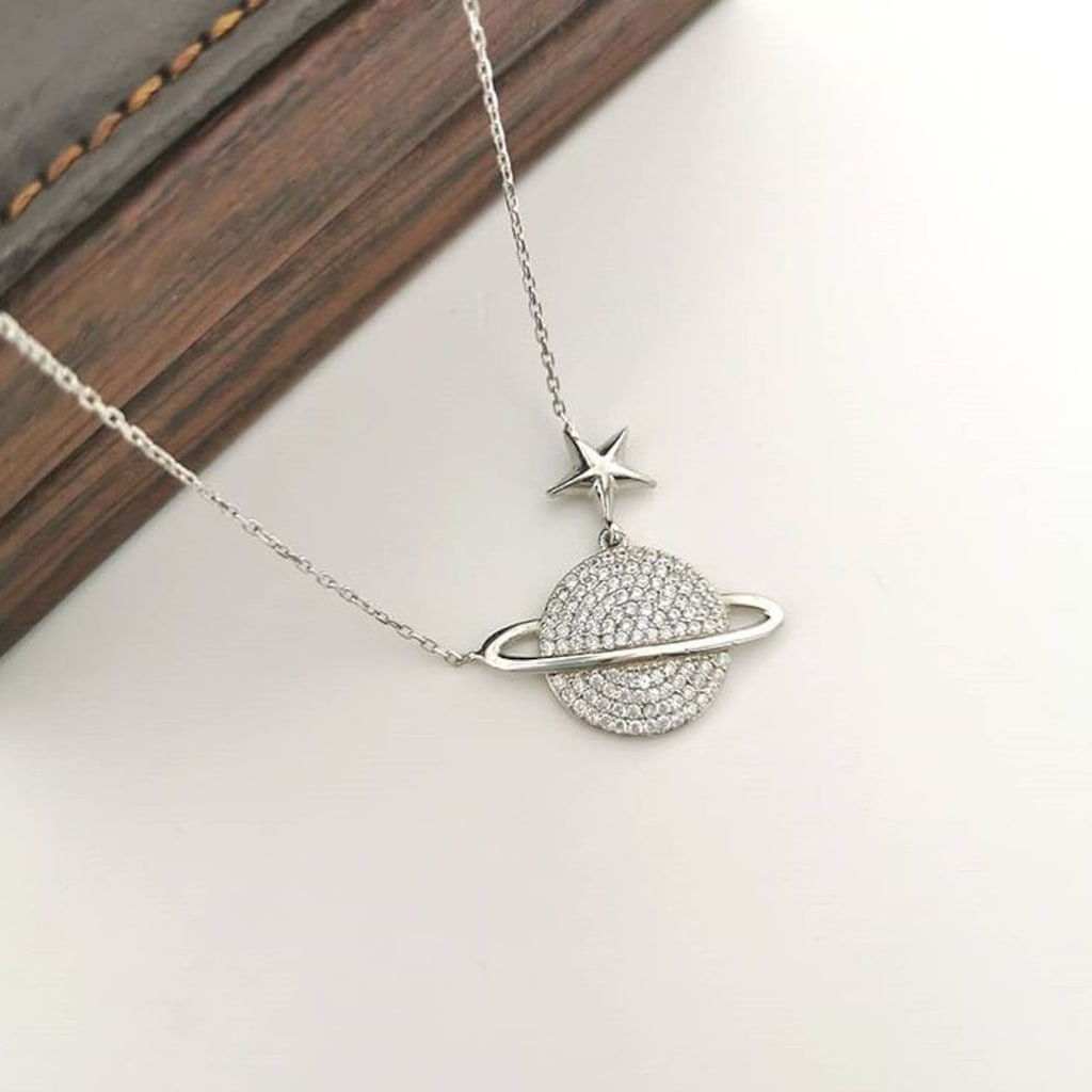 Celestial Charm-Sterling Silver Saturn Necklace with Sparkling Zircon Planet Pendant -Exclusive Gift for Her