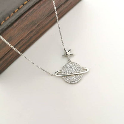 Celestial Charm-Sterling Silver Saturn Necklace with Sparkling Zircon Planet Pendant -Exclusive Gift for Her