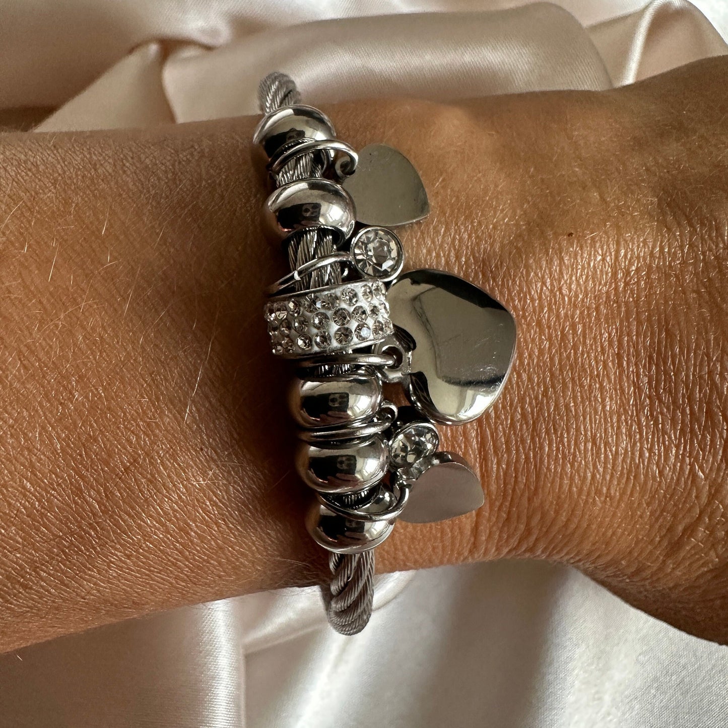 Silver Stainless Steel Charm Bangle: Hypoallergenic Heart Bracelet