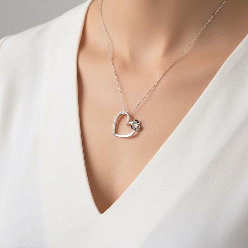 Double Heart Necklace - Sterling Silver with Zircon Gem