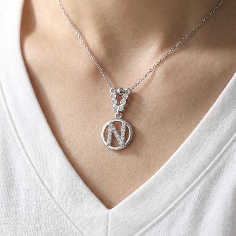 Custom Sterling Silver N Initial Necklace with Zircon Gem - Personalized Letter Jewelry