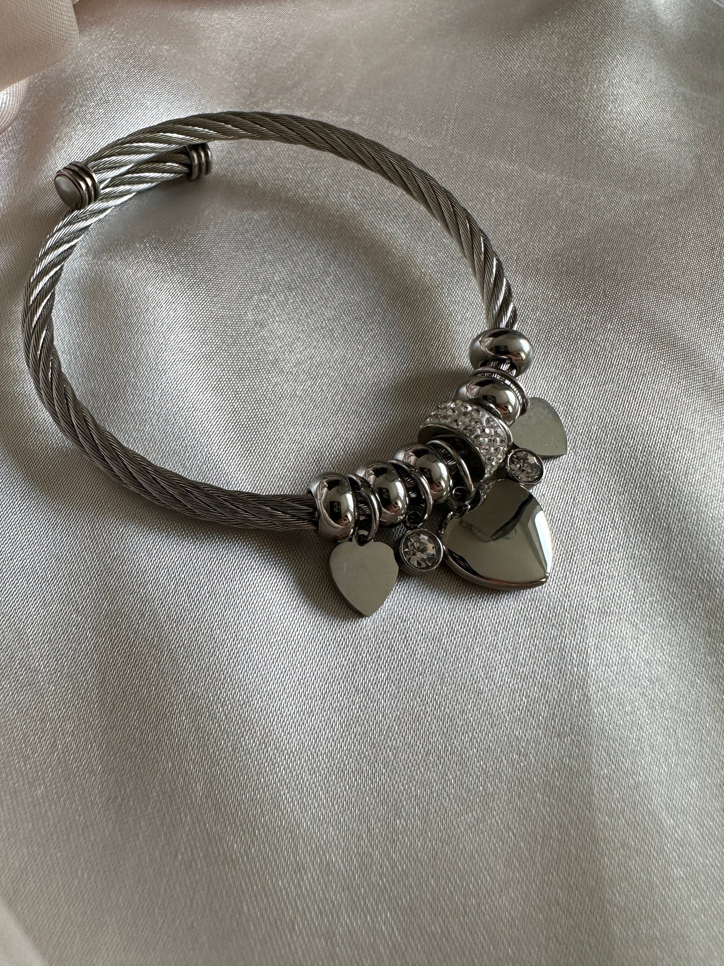Silver Stainless Steel Charm Bangle: Hypoallergenic Heart Bracelet